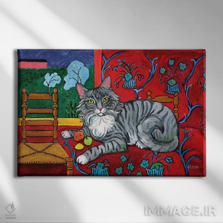 تابلو دکوراتیو گربه خاکستری مو بلند کتیس اثر گرچن کیش سرانو - نمای روبهرو روی دیوار