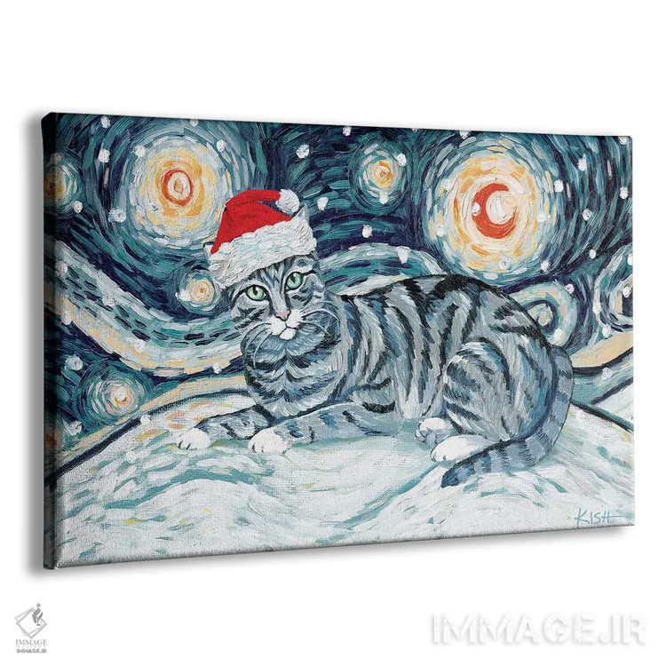تابلو دکوراتیو گربه تبی خاکستری در یک شب برفی اثر گرچن کیش سرانو - نمای پرسپکتیو محصول