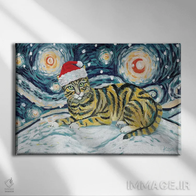 تابلو دکوراتیو گربه تبی خرمایی در یک شب برفی اثر گرچن کیش سرانو - نمای روبهرو روی دیوار