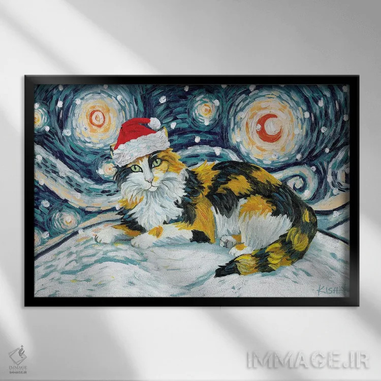 تابلو دکوراتیو گربه کالیکو در یک شب برفی اثر گرچن کیش سرانو - نمای قابدار مشکی