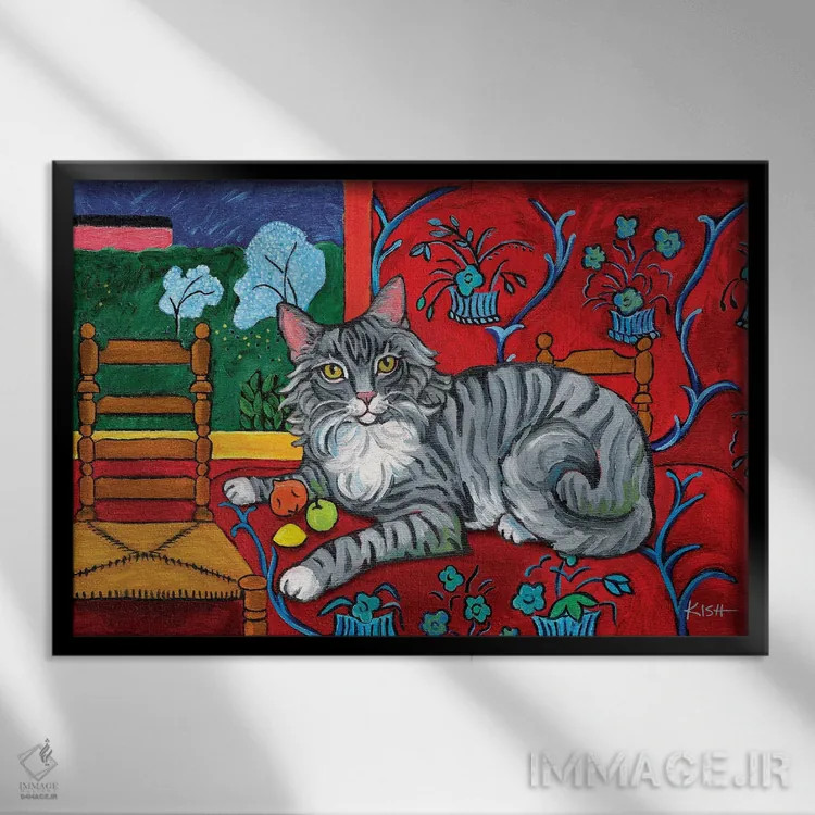 تابلو دکوراتیو گربه خاکستری مو بلند کتیس اثر گرچن کیش سرانو - نمای قابدار مشکی