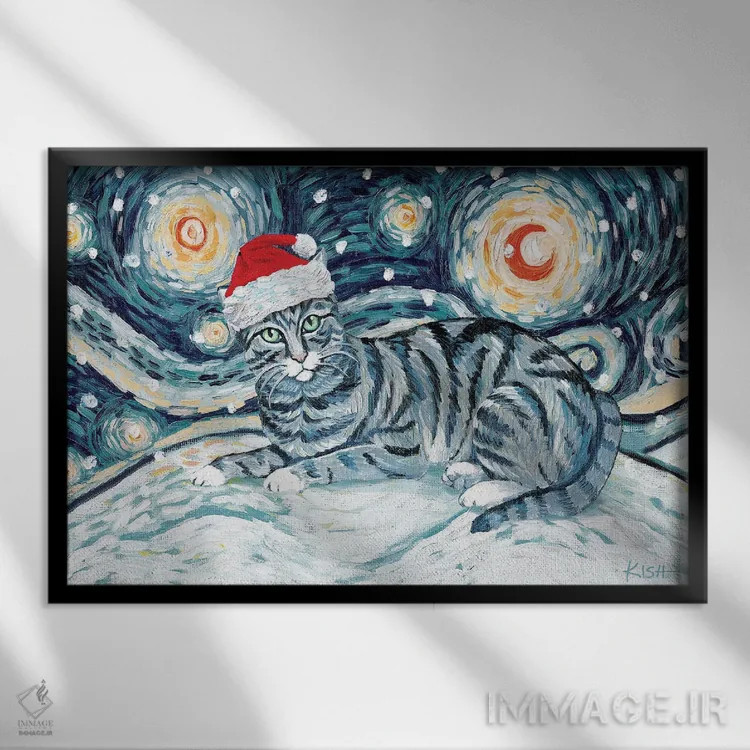 تابلو دکوراتیو گربه تبی خاکستری در یک شب برفی اثر گرچن کیش سرانو - نمای قابدار مشکی