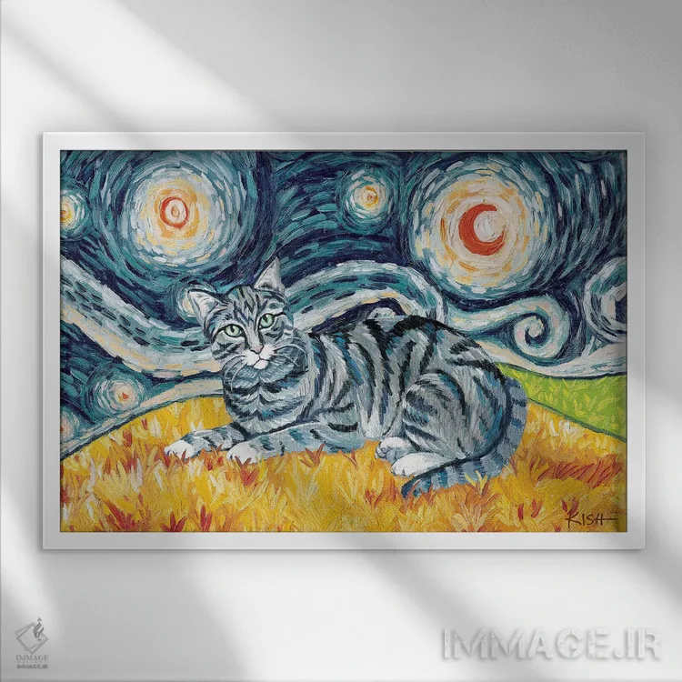تابلو دکوراتیو گربه تبی خاکستری در یک شب پرستاره اثر گرچن کیش سرانو - نمای قابدار سفید