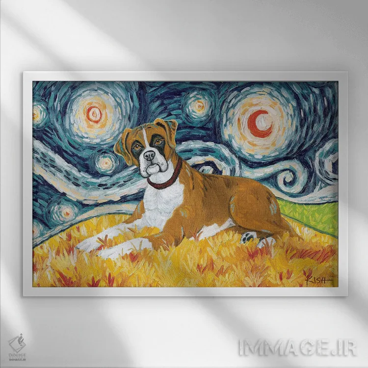 تابلو دکوراتیو باکسر در یک شب پرستاره اثر گرچن کیش سرانو - نمای قابدار سفید