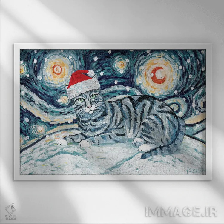 تابلو دکوراتیو گربه تبی خاکستری در یک شب برفی اثر گرچن کیش سرانو - نمای قابدار سفید