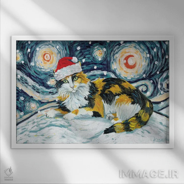 تابلو دکوراتیو گربه کالیکو در یک شب برفی اثر گرچن کیش سرانو - نمای قابدار سفید