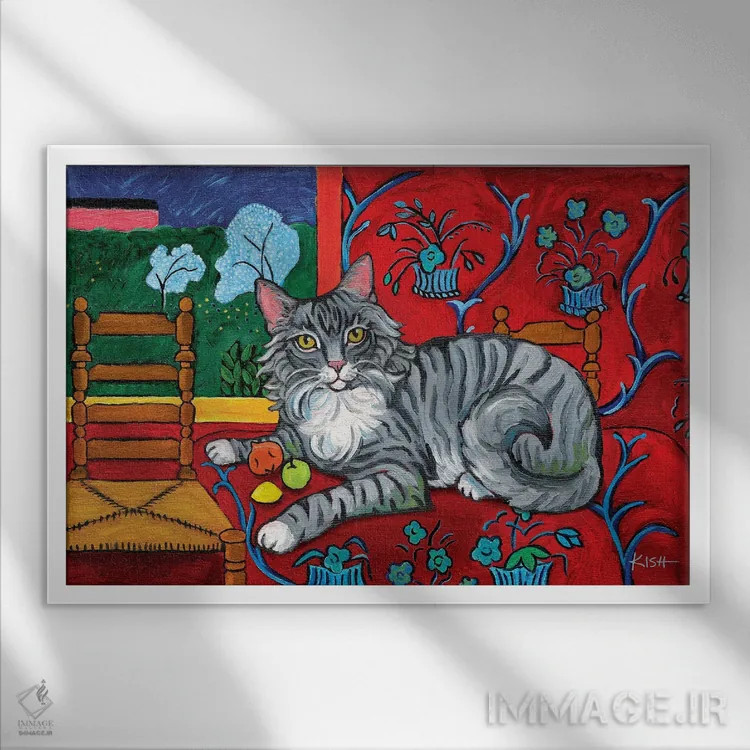 تابلو دکوراتیو گربه خاکستری مو بلند کتیس اثر گرچن کیش سرانو - نمای قابدار سفید