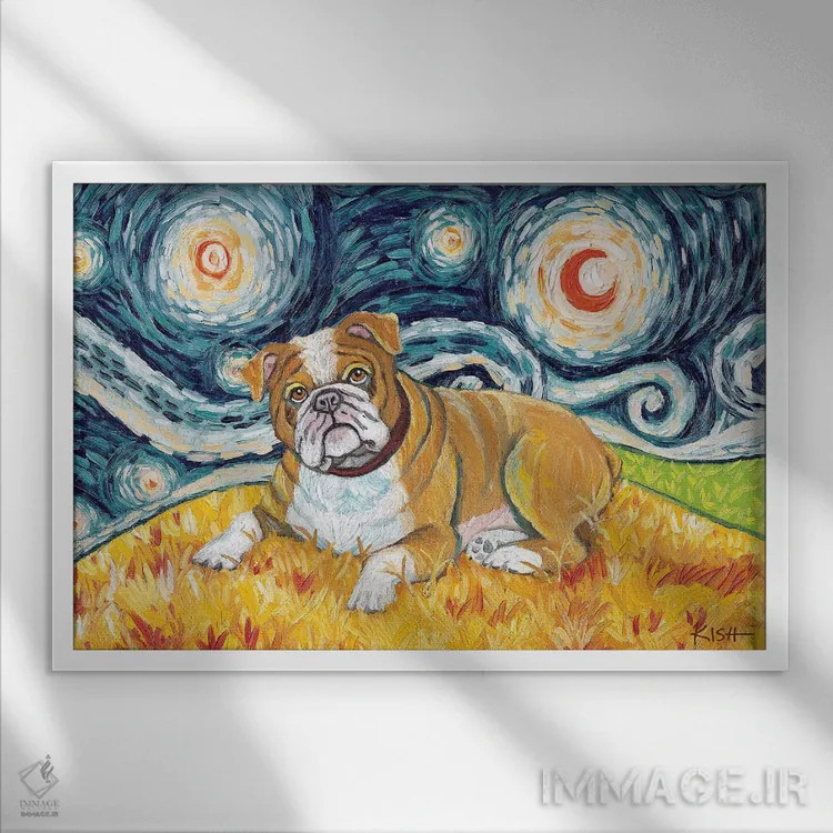 تابلو دکوراتیو بولداگ در یک شب پرستاره اثر گرچن کیش سرانو - نمای قابدار سفید