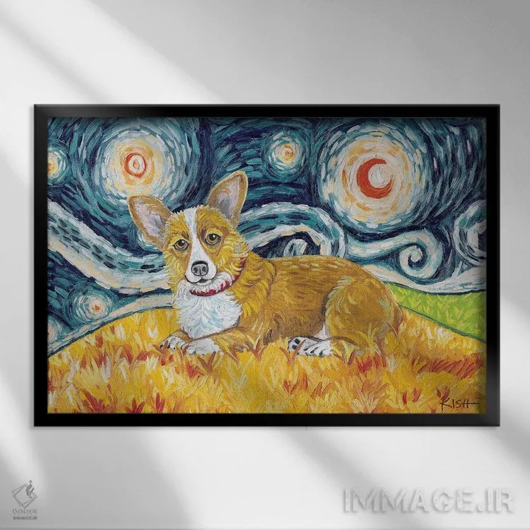 تابلو دکوراتیو کورگی در یک شب پرستاره اثر گرچن کیش سرانو - نمای قابدار مشکی