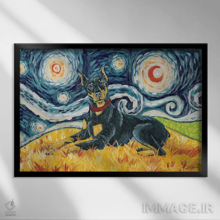 تابلو دکوراتیو دابرمن در یک شب پرستاره اثر گرچن کیش سرانو - نمای قابدار مشکی