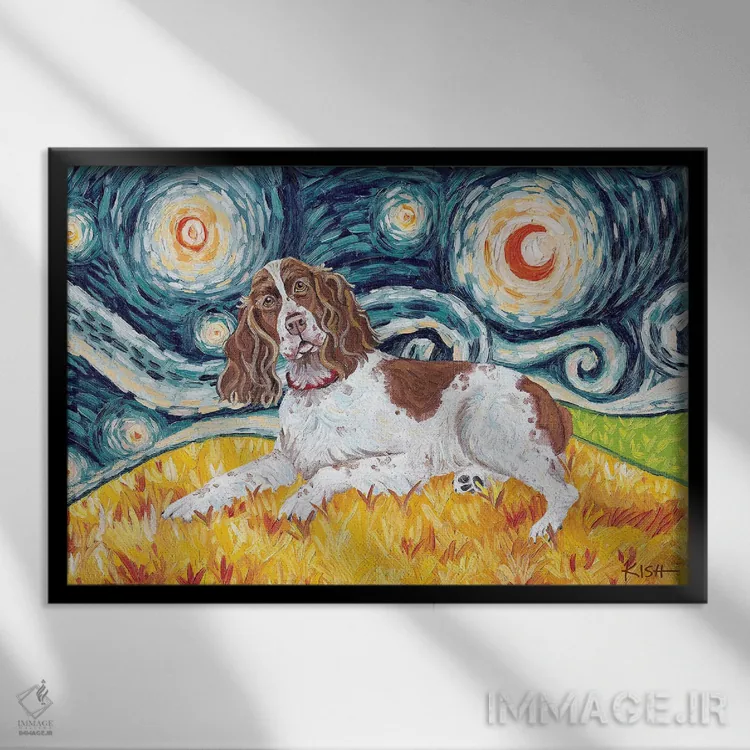 تابلو دکوراتیو انگلیش اسپرینگر اسپانیل در یک شب پرستاره اثر گرچن کیش سرانو - نمای قابدار مشکی