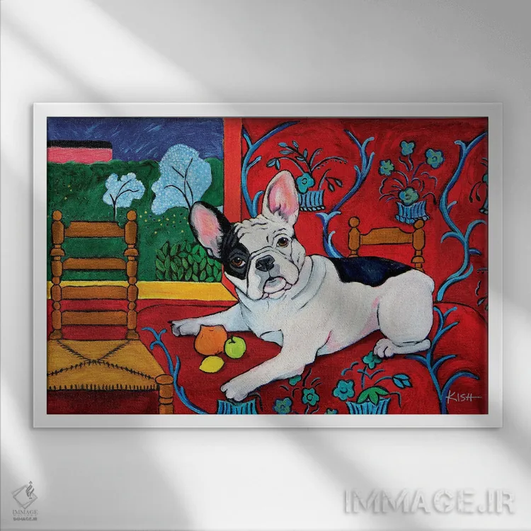 تابلو دکوراتیو بولداگ فرانسوی موتیسه اثر گرچن کیش سرانو - نمای قابدار سفید