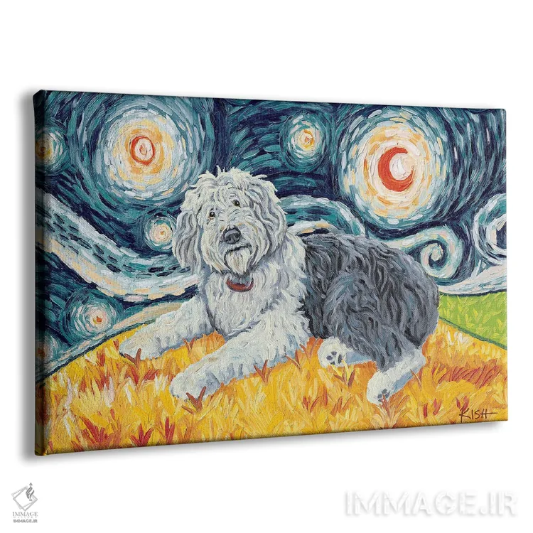 تابلو دکوراتیو اولد انگلیش شیپ داگ در یک شب پرستاره اثر گرچن کیش سرانو - نمای پرسپکتیو محصول