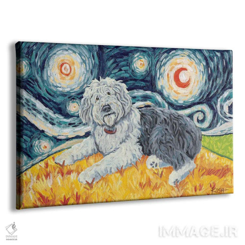 تابلو دکوراتیو اولد انگلیش شیپ داگ در یک شب پرستاره اثر گرچن کیش سرانو - نمای پرسپکتیو محصول