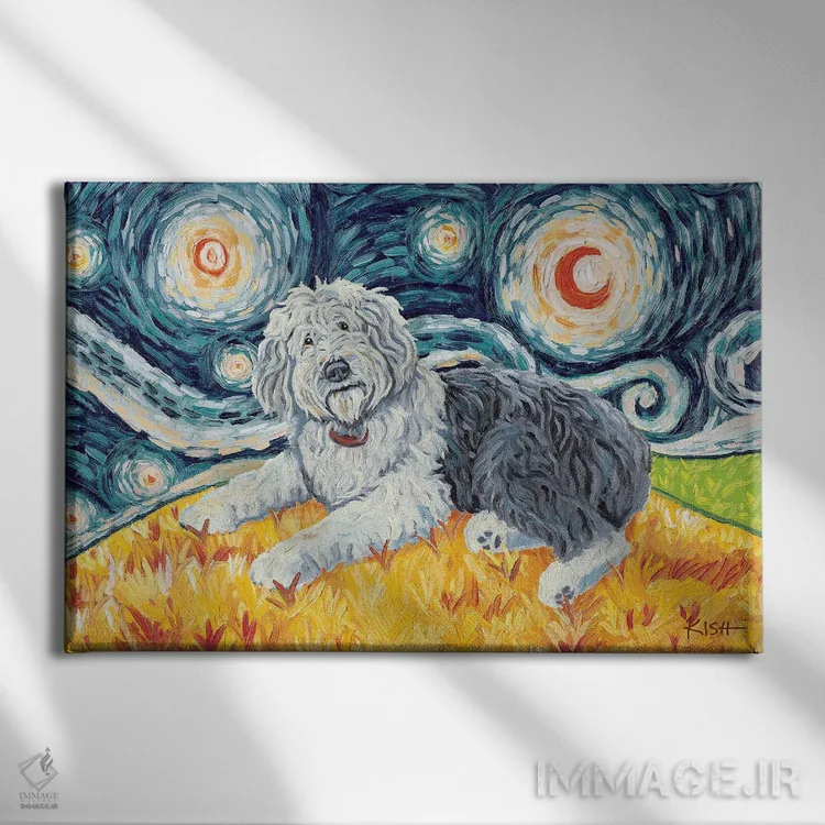 تابلو دکوراتیو اولد انگلیش شیپ داگ در یک شب پرستاره اثر گرچن کیش سرانو - نمای روبهرو روی دیوار
