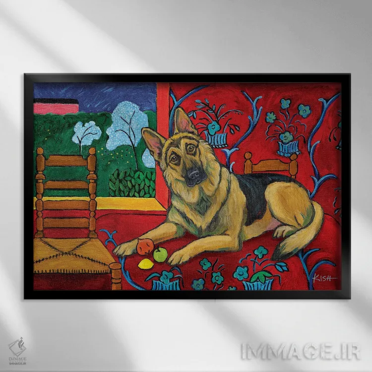 تابلو دکوراتیو ژرمن شپرد موتیسه اثر گرچن کیش سرانو - نمای قابدار مشکی