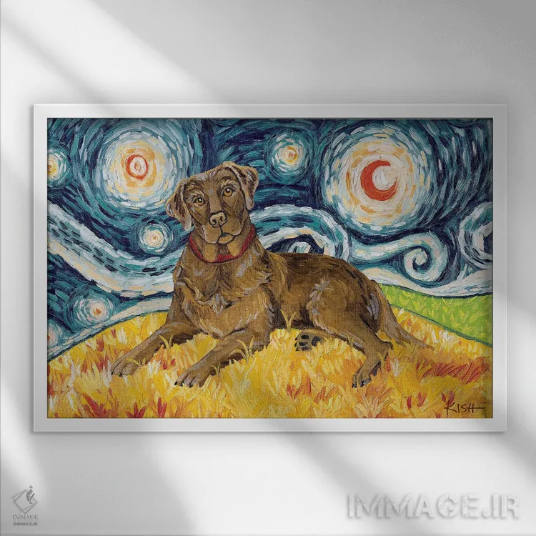 تابلو دکوراتیو لبرادور شکلاتی در یک شب پرستاره اثر گرچن کیش سرانو - نمای قابدار سفید