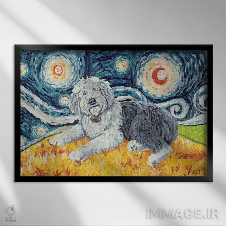 تابلو دکوراتیو اولد انگلیش شیپ داگ در یک شب پرستاره اثر گرچن کیش سرانو - نمای قابدار مشکی