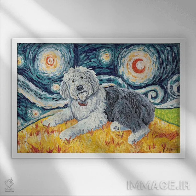 تابلو دکوراتیو اولد انگلیش شیپ داگ در یک شب پرستاره اثر گرچن کیش سرانو - نمای قابدار سفید