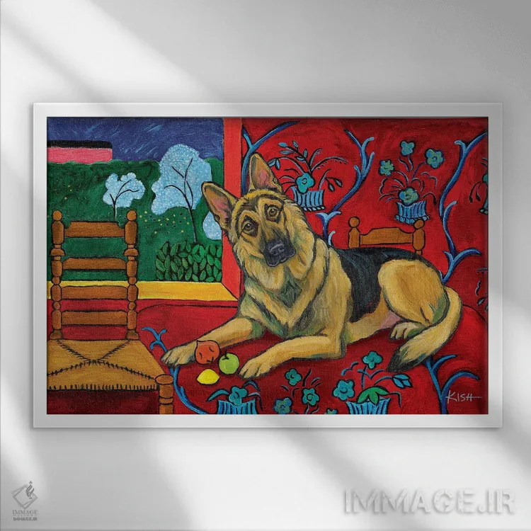 تابلو دکوراتیو ژرمن شپرد موتیسه اثر گرچن کیش سرانو - نمای قابدار سفید