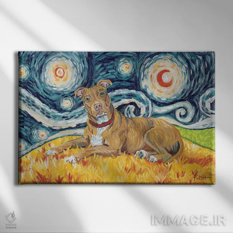 تابلو دکوراتیو پیت بول در یک شب پرستاره اثر گرچن کیش سرانو - نمای روبهرو روی دیوار