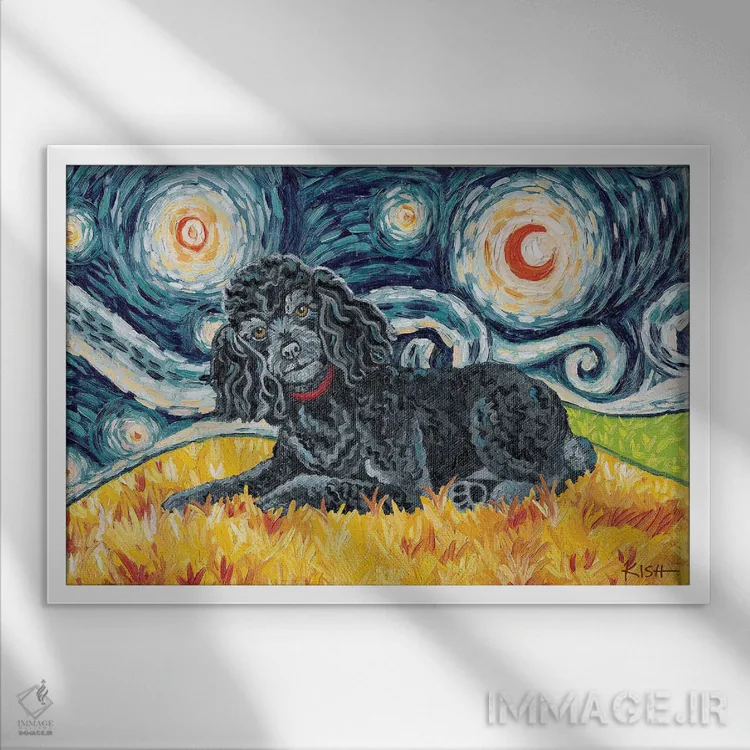 تابلو دکوراتیو پودل در یک شب پرستاره اثر گرچن کیش سرانو - نمای قابدار سفید