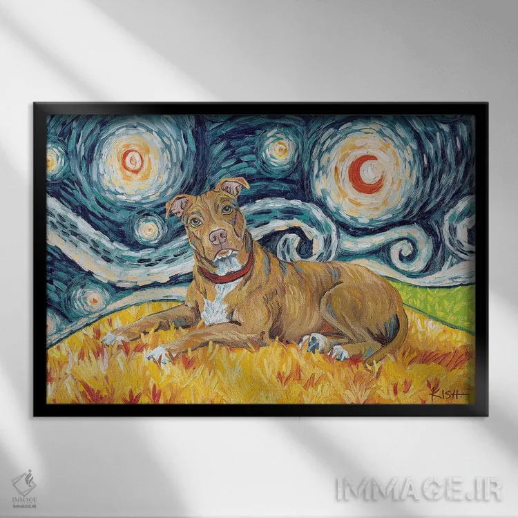 تابلو دکوراتیو پیت بول در یک شب پرستاره اثر گرچن کیش سرانو - نمای قابدار مشکی