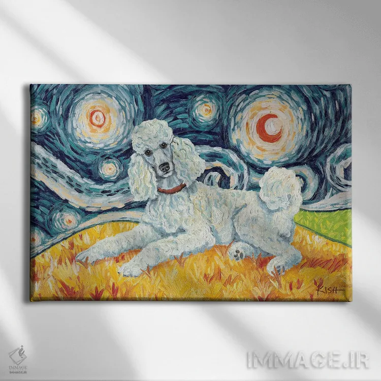 تابلو دکوراتیو پودل استاندارد در یک شب پرستاره اثر گرچن کیش سرانو - نمای روبهرو روی دیوار