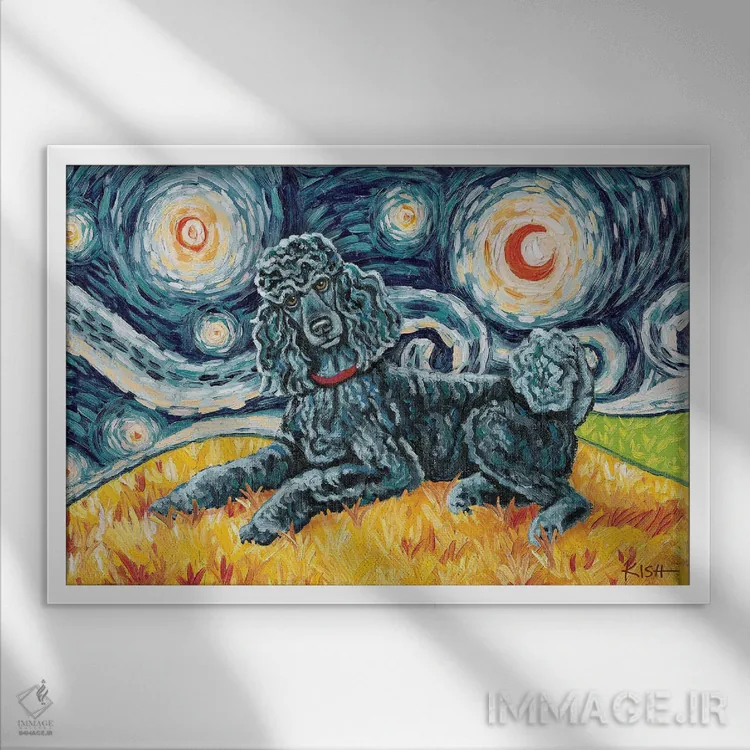 تابلو دکوراتیو پودل استاندارد در یک شب پرستاره اثر گرچن کیش سرانو - نمای قابدار سفید