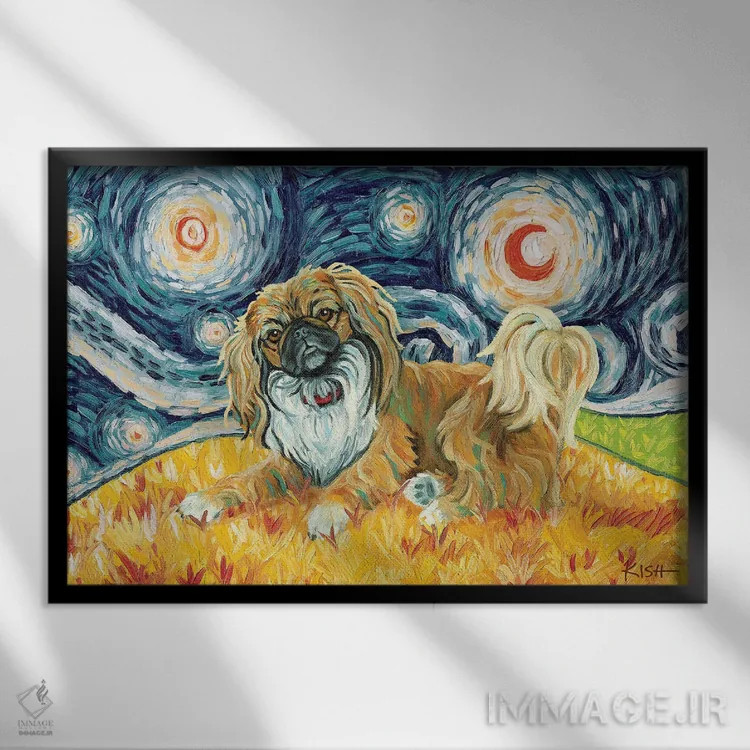تابلو دکوراتیو پکینیز در یک شب پرستاره اثر گرچن کیش سرانو - نمای قابدار مشکی