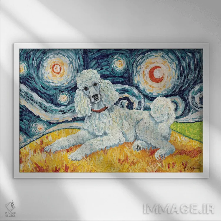 تابلو دکوراتیو پودل استاندارد در یک شب پرستاره اثر گرچن کیش سرانو - نمای قابدار سفید