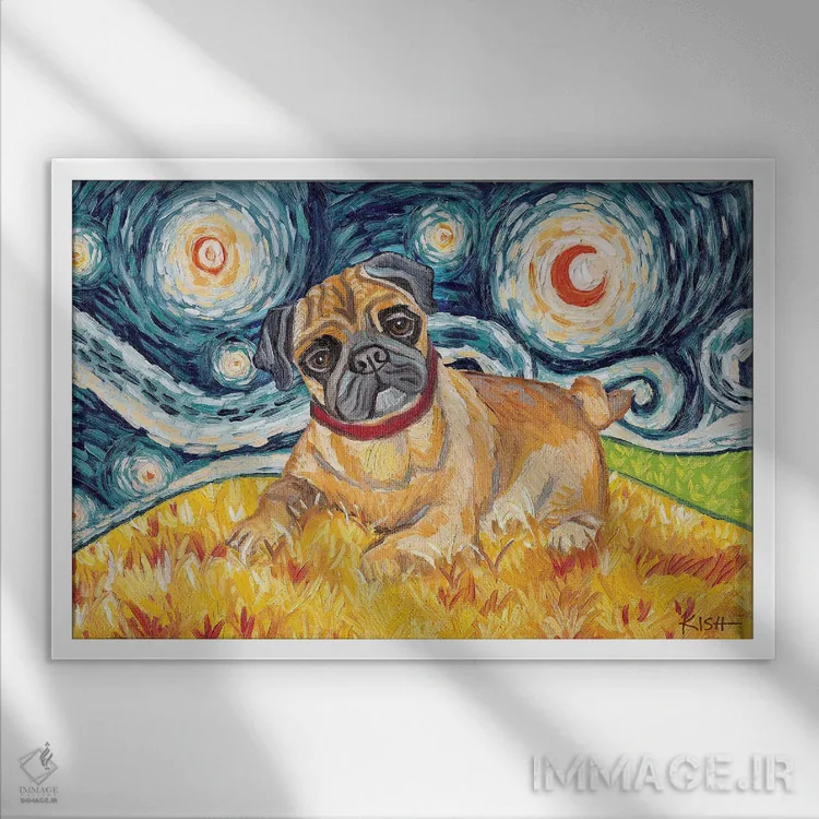 تابلو دکوراتیو پاگ در یک شب پرستاره اثر گرچن کیش سرانو - نمای قابدار سفید