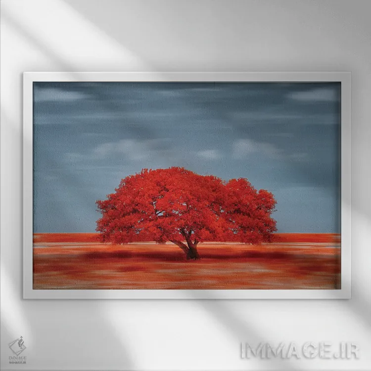تابلو دکوراتیو درخت قرمز تنها در دشت اثر گلاوکو منهالی - نمای قابدار سفید