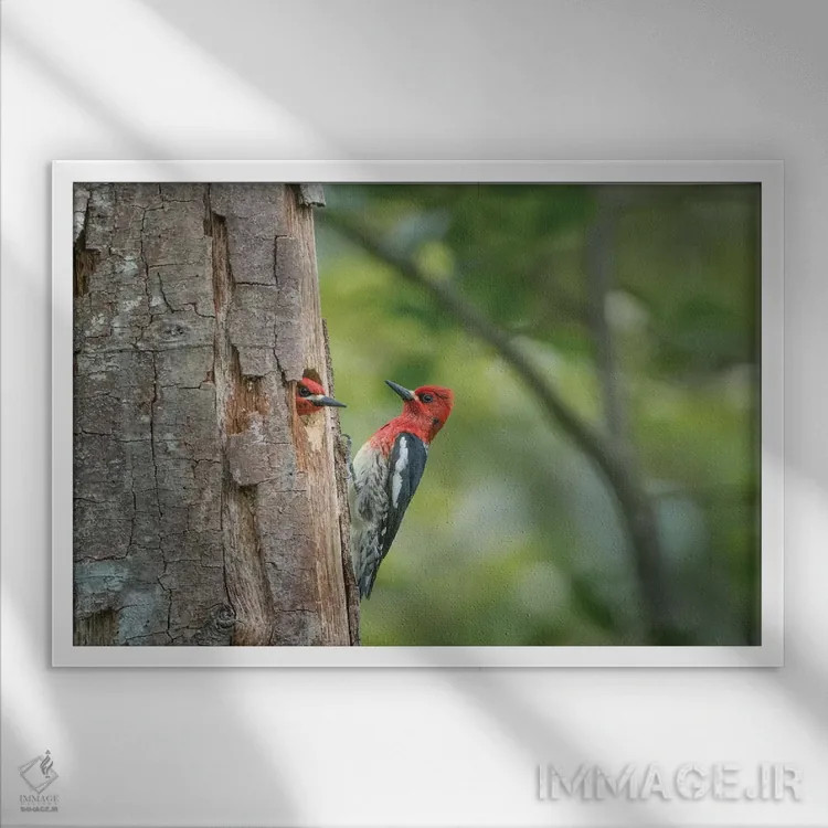 تابلو دکوراتیو WA. Red-breasted Sapsucker mated pair at their nest in a red a… اثر گری لوهم - نمای قابدار سفید