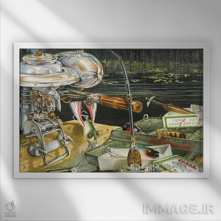 تابلو دکوراتیو تستر طعمه ماهی نهر چاب اثر جف مووری - نمای قابدار سفید