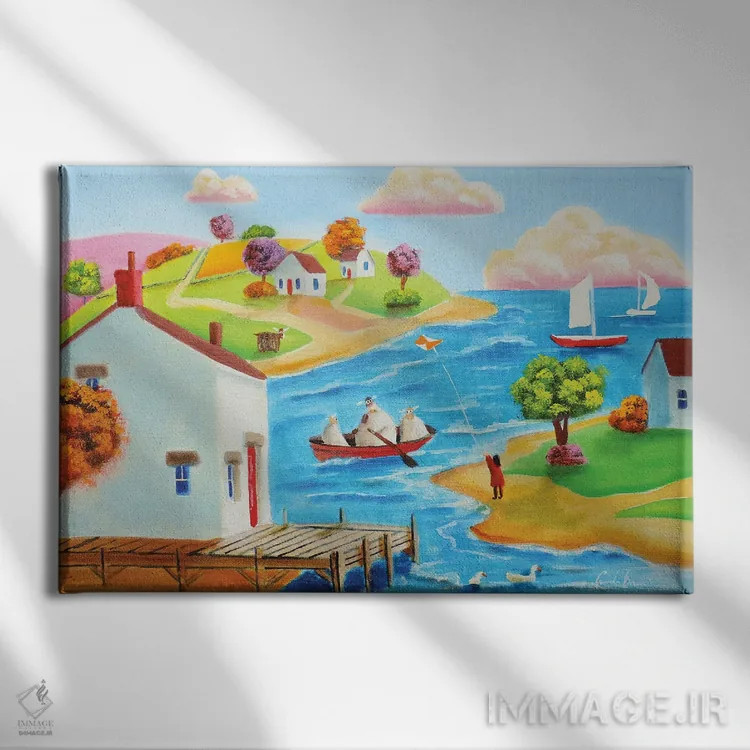 تابلو دکوراتیو گاو و گوسفند در قایق اثر گوردون بروس - نمای روبهرو روی دیوار