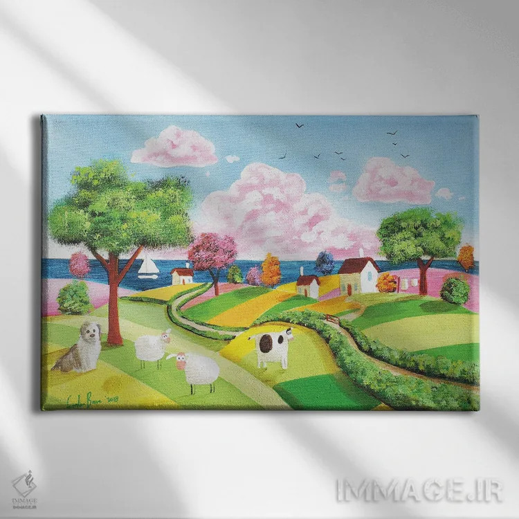 تابلو دکوراتیو تپه های غلتان هنر فولکلور اثر گوردون بروس - نمای روبهرو روی دیوار