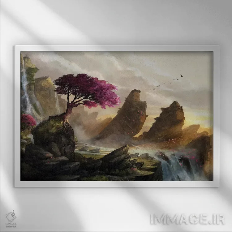 تابلو دکوراتیو غروب شکوفه ها اثر استیو گود - نمای قابدار سفید