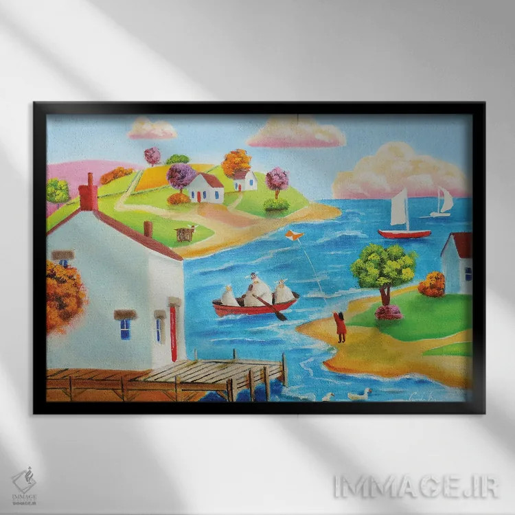 تابلو دکوراتیو گاو و گوسفند در قایق اثر گوردون بروس - نمای قابدار مشکی