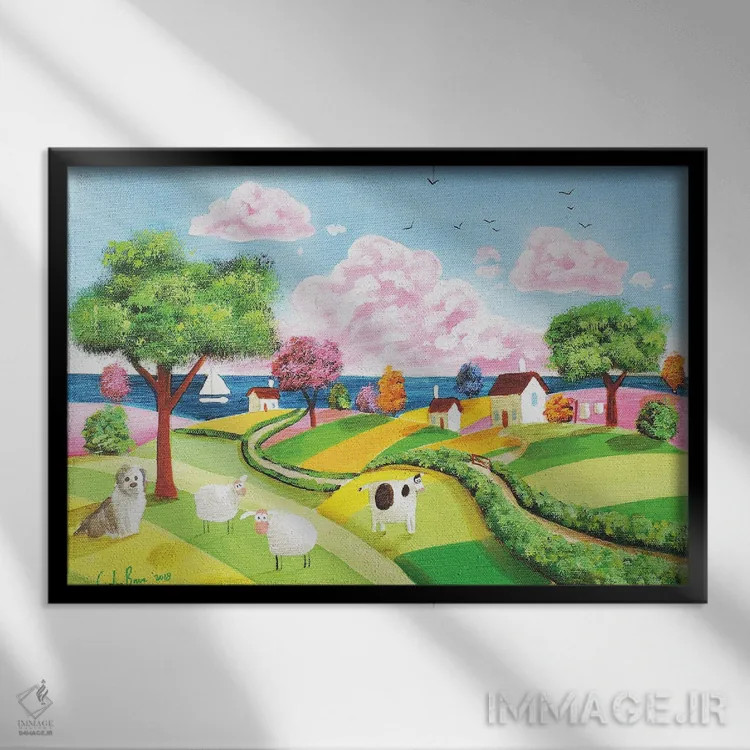 تابلو دکوراتیو تپه های غلتان هنر فولکلور اثر گوردون بروس - نمای قابدار مشکی