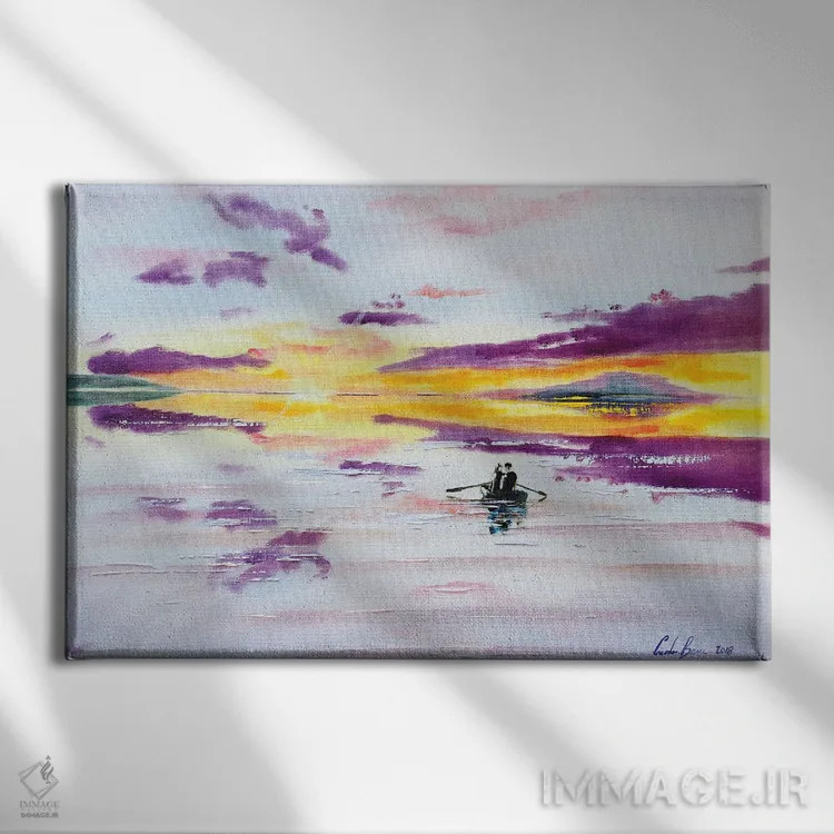 تابلو دکوراتیو قایق در غروب روی دریا اثر گوردون بروس - نمای روبهرو روی دیوار
