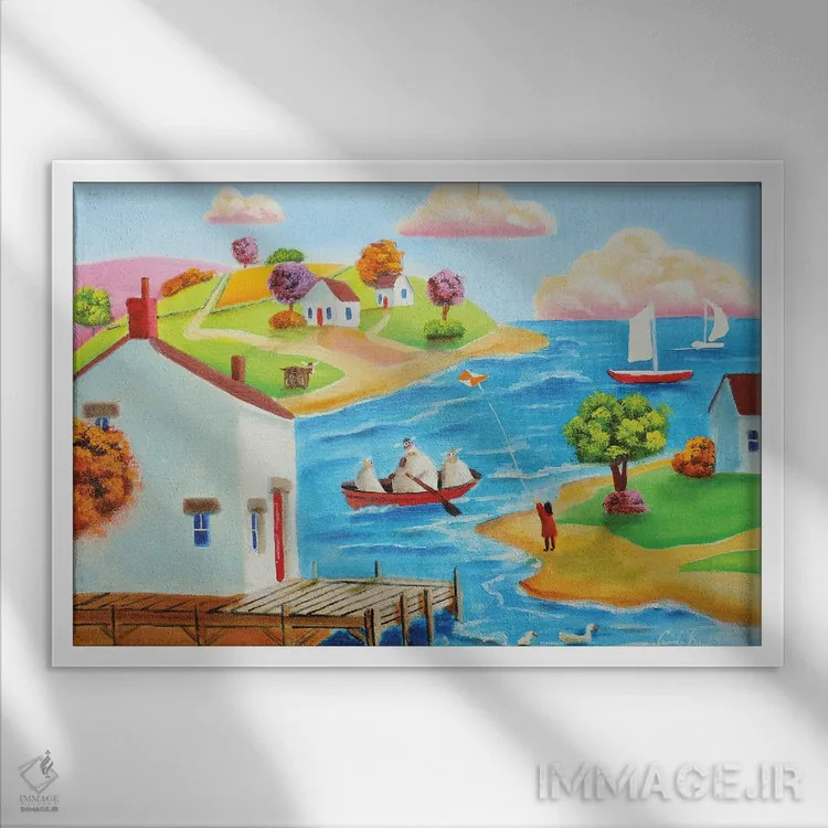 تابلو دکوراتیو گاو و گوسفند در قایق اثر گوردون بروس - نمای قابدار سفید