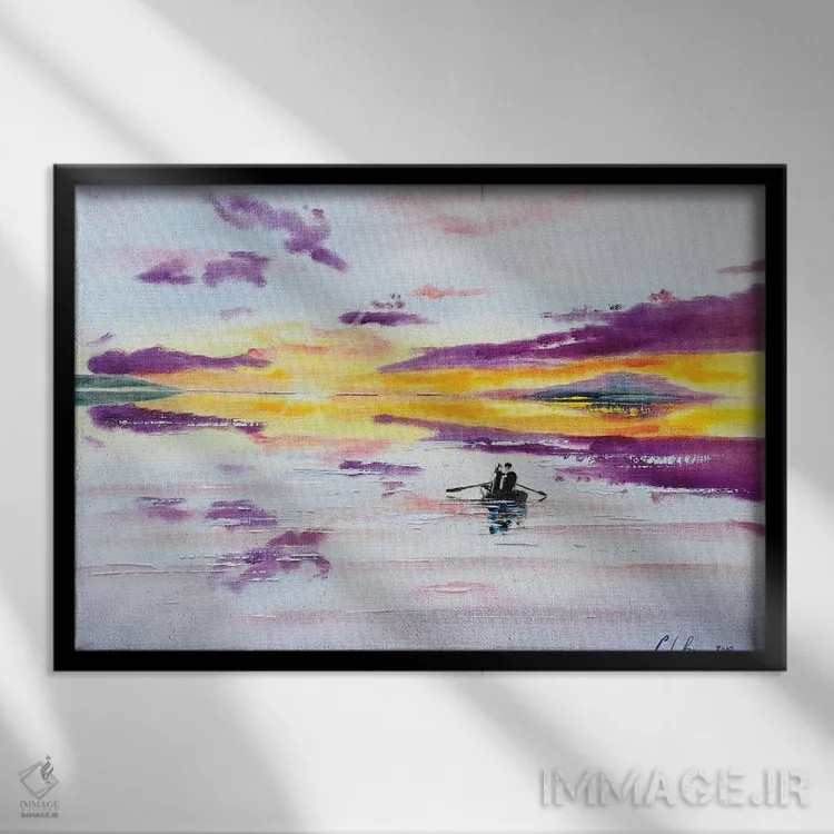 تابلو دکوراتیو قایق در غروب روی دریا اثر گوردون بروس - نمای قابدار مشکی