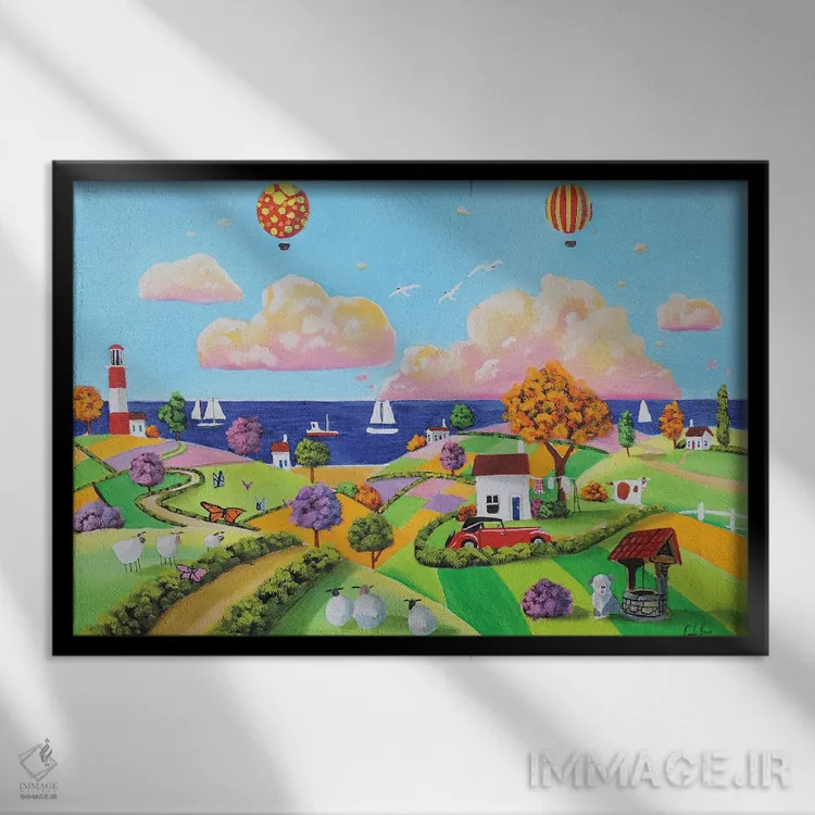 تابلو دکوراتیو بالن ها در ساحل دریا اثر گوردون بروس - نمای قابدار مشکی