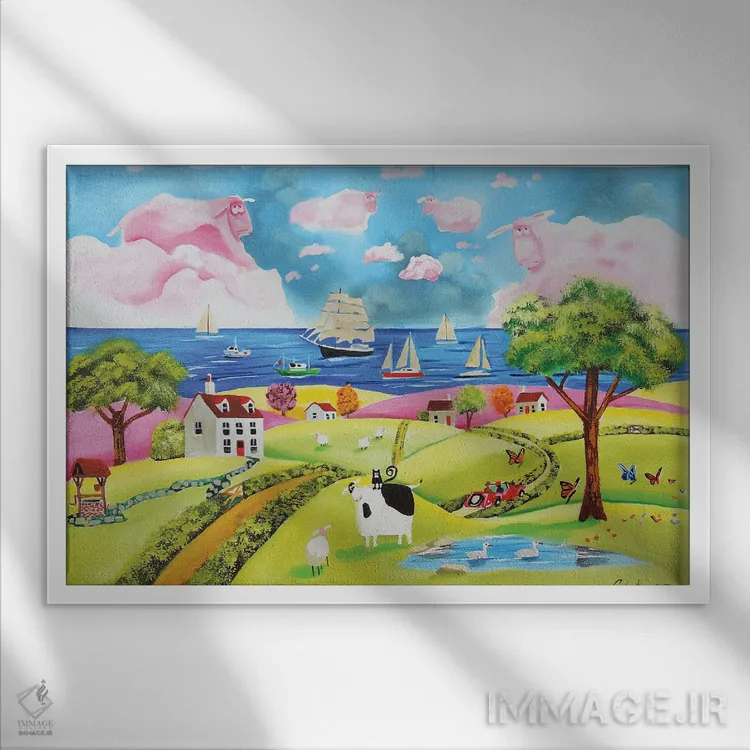 تابلو دکوراتیو ساحل هنر فولکلور اثر گوردون بروس - نمای قابدار سفید