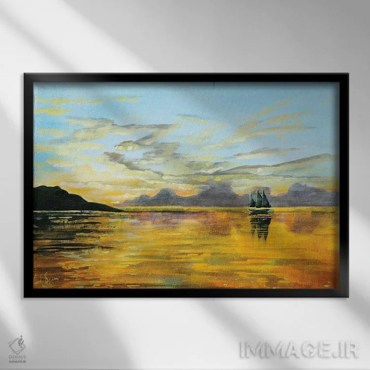 تابلو دکوراتیو غروب آفتاب در دریا اثر گوردون بروس - نمای قابدار مشکی