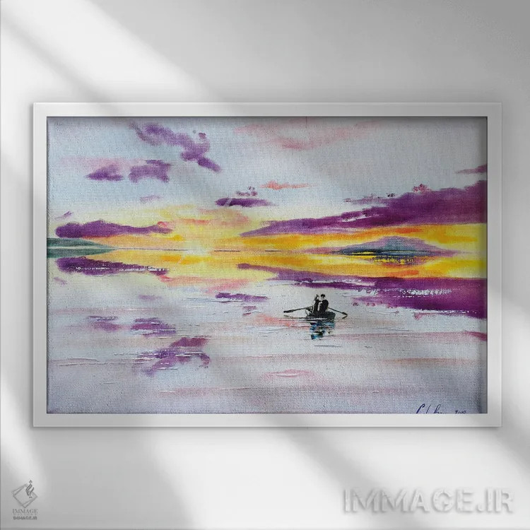 تابلو دکوراتیو قایق در غروب روی دریا اثر گوردون بروس - نمای قابدار سفید