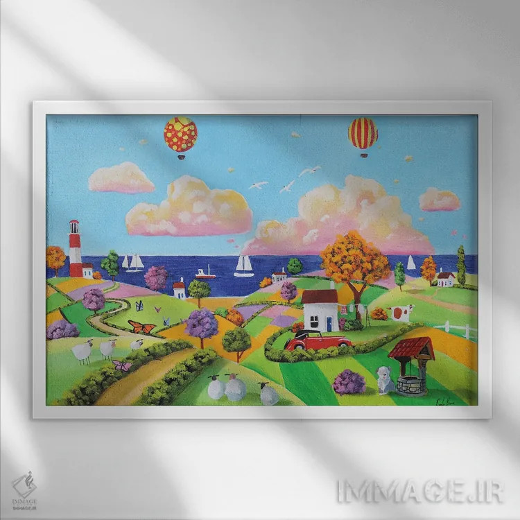 تابلو دکوراتیو بالن ها در ساحل دریا اثر گوردون بروس - نمای قابدار سفید