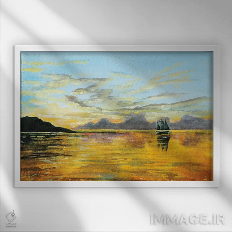 تابلو دکوراتیو غروب آفتاب در دریا اثر گوردون بروس - نمای قابدار سفید