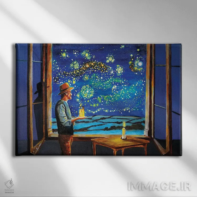 تابلو دکوراتیو شب پرستاره ون گوگ با کرم شب تاب ها اثر گوردون بروس - نمای روبهرو روی دیوار